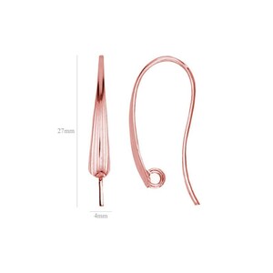 May include: Rose gold plated earring hooks with a 27 mm length and 4 mm width. The hooks are designed with a curved shape and a textured, pointed end.