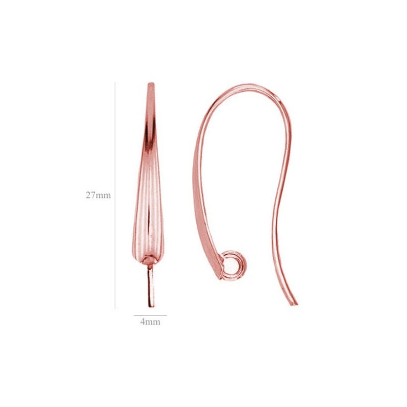 May include: Rose gold plated earring hooks with a 27 mm length and 4 mm width. The hooks are designed with a curved shape and a textured, pointed end.