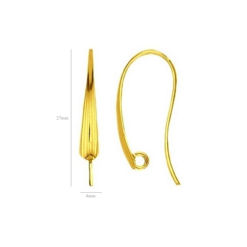 May include: Gold-toned earring hooks with a 27 mm length and a 4 mm loop. The hooks are made of metal and have a smooth, polished finish.