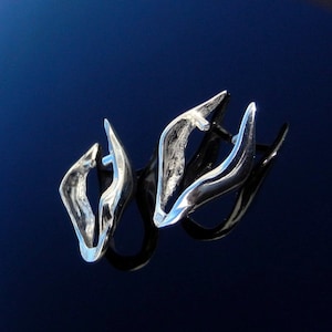 Puede incluir: Un par de ganchos para pendientes de plata con un diseño único y abstracto. Los ganchos están hechos de metal liso y pulido y tienen una forma ligeramente curvada.