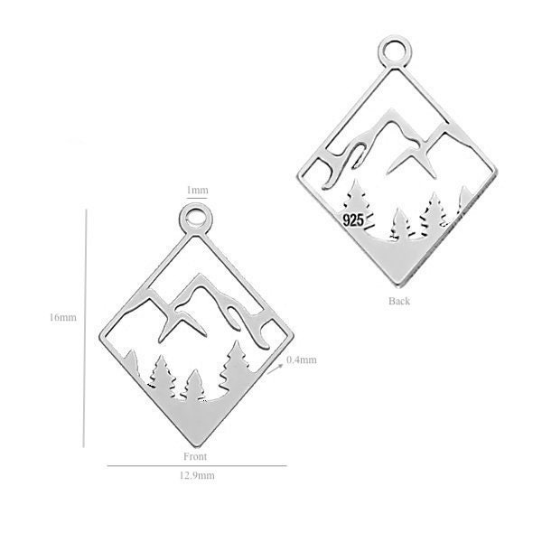 Argent Sterling 925 Laser Cut Charm Mountains 16mm, Délicat, 0.4mm d’épaisseur