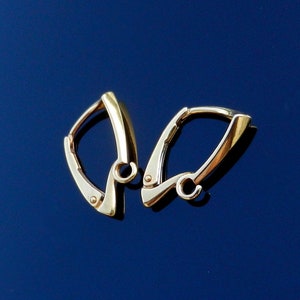 Pu&ograve; includere: Un paio di orecchini a cerchio color oro. Gli orecchini hanno un design a cerniera con una forma geometrica curva. Il metallo ha una finitura lucida, che riflette la luce. Lo sfondo &egrave; blu scuro.