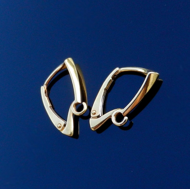 Pu&ograve; includere: Un paio di orecchini a cerchio color oro. Gli orecchini hanno un design a cerniera con una forma geometrica curva. Il metallo ha una finitura lucida, che riflette la luce. Lo sfondo &egrave; blu scuro.