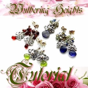 May include: A close-up of four pairs of dangle earrings with different colored gemstones. The earrings are made of silver and feature intricate designs. The text "Wuthering Heights Tutorial" is visible at the top of the image.