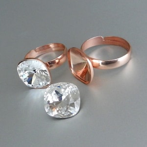 Anillo Plata Oro Rosa Anillo Plata Ley Ajustable para 4470 Cristales Swarovski CUADRADO 12 mm