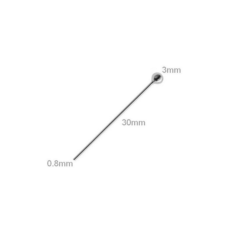 2pcs Sterling Silver Ball Head Pins 3mm 0.8mm Gauge Thick 30mm Length