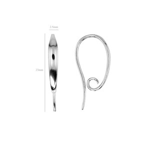 May include: Two silver earring hooks, one straight and one curved, measuring 2.5 mm wide and 23 mm long.