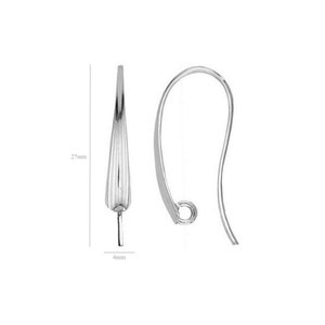 May include: Silver earring hooks with a 27 mm length and 4 mm width. The hooks are designed with a curved shape and a textured, ridged design.