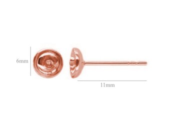 ROSE gold over Sterling Silver Ear Posts Peg Bail Half Drilled Pearls or other Beads 6mm beads