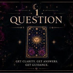 Puede incluir: Imagen oscura y mística con una carta del tarot con un diseño de sol y estrellas, rodeada de elementos florales y celestiales. El texto dice "1 QUESTION" y "Obtén claridad. Obtén respuestas. Obtén orientación."