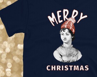 Jane Austen Christmas Pajama Shirt For Evening, Winter Funny Relaxed T-Shirt, American British Fun Humor December Seasonal Clothing
