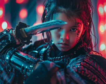 Chica guerrera samurái afgana - Mujeres que luchan por los derechos y la libertad en Afganistán - Samurái con armadura divina y espada corta - Impresión en lienzo para pared