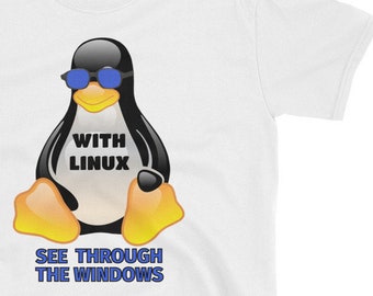 Linux Tux マスコット ペンギン T シャツ、シースルー ウィンドウ