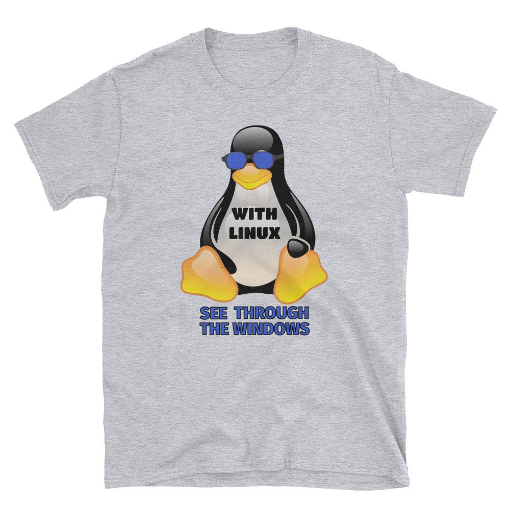 Linux Tux マスコット ペンギン T シャツ、シースルー ウィンドウ