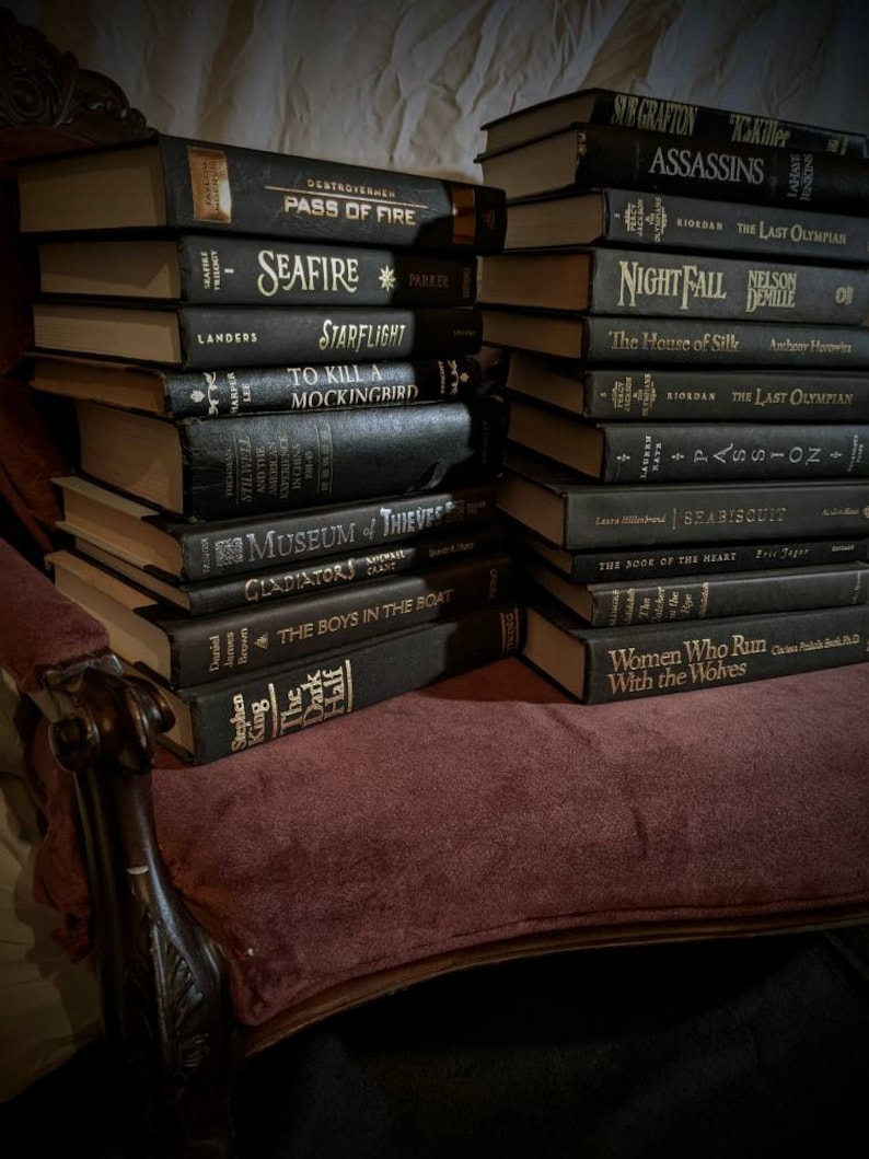 K&ouml;nnte beinhalten: Ein Stapel gebundener B&uuml;cher mit schwarzen Einb&auml;nden und goldenen Schriftz&uuml;gen. Die B&uuml;cher sind in einem B&uuml;cherregal angeordnet, wobei die Titel nach au&szlig;en zeigen. Zu den Titeln geh&ouml;ren "Seafire", "To Kill a Mockingbird", "The Boys in the Boat" und "Women Who Run With the Wolves".