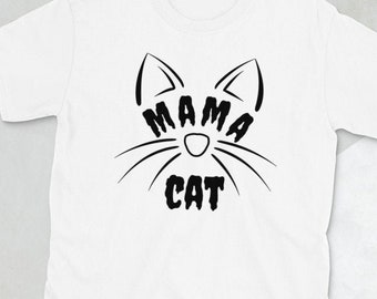 Puede incluir: Camiseta blanca con una silueta de gato negro y el texto "Mama Cat" impreso en la parte delantera.