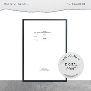 May include: A black and white printable quote from the play "One Day" by David Nicholls, adapted by Nicole Taylor. The quote reads: "DEXTER You should have said hello. When? EDNA DEXTER When you saw me around."