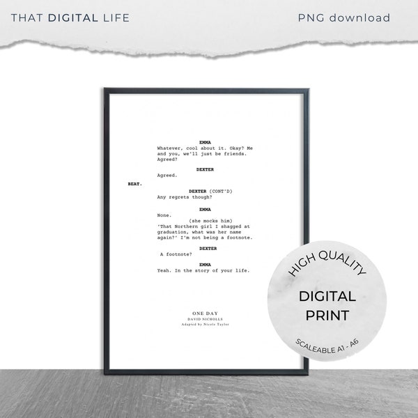 Script Art, Emma and Dexter, footnote, gifts for her, digital download, printable art, instant wall art, book art