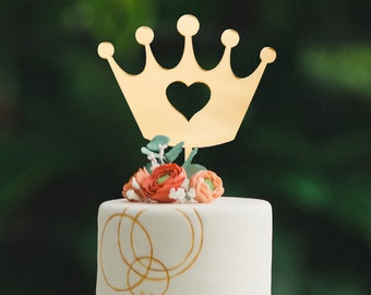 Crown with Heart Cutout Cake Topper for Any Occasion, Custom, Personalized - Any Color, Glitter, Mirror