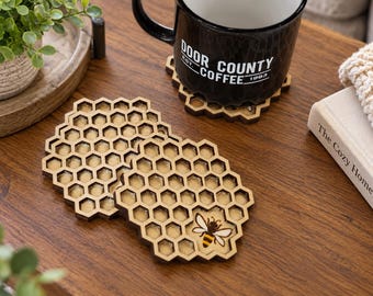 Honeycomb Beehive Wood Drink Coasters with Bee Facts or Custom Message on the Back, Honeybee Engraved Hand Painted Trivet, Bee Lover Gift