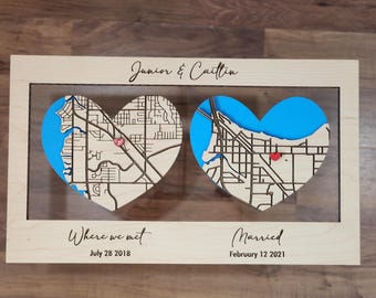 Custom Wooden Map with 2 Maps, Where We Met, Wedding Gift, Anniversary Gift