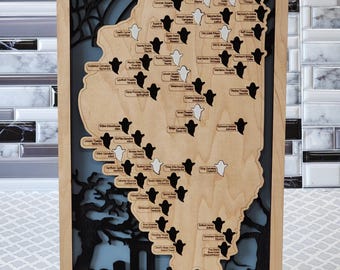 Haunted Illinois Map: Laser-Cut Wood Paranormal Sites, Halloween Decor