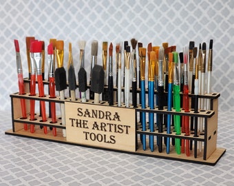 Large wood paintbrush holder, brush caddy, makeup tool organizer, gift for painter, personalized wand display, craft stand, gift for artist