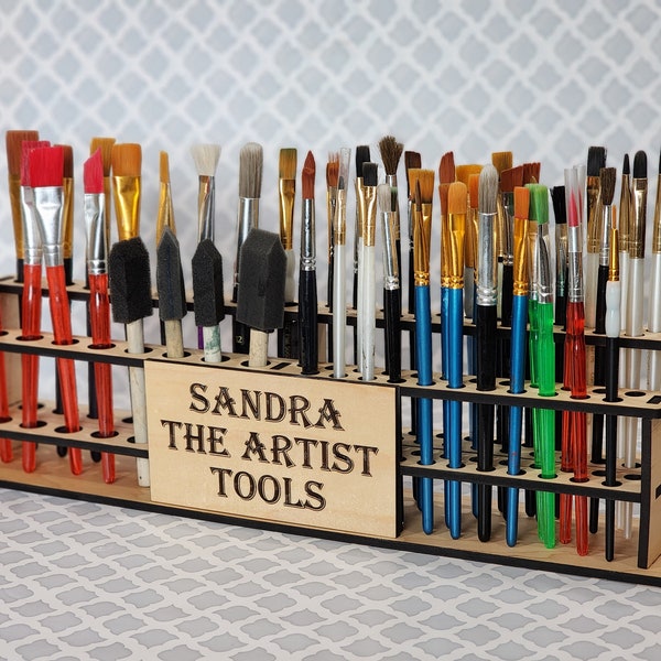 Large wood paintbrush holder, brush caddy, makeup tool organizer, gift for painter, personalized wand display, craft stand, gift for artist