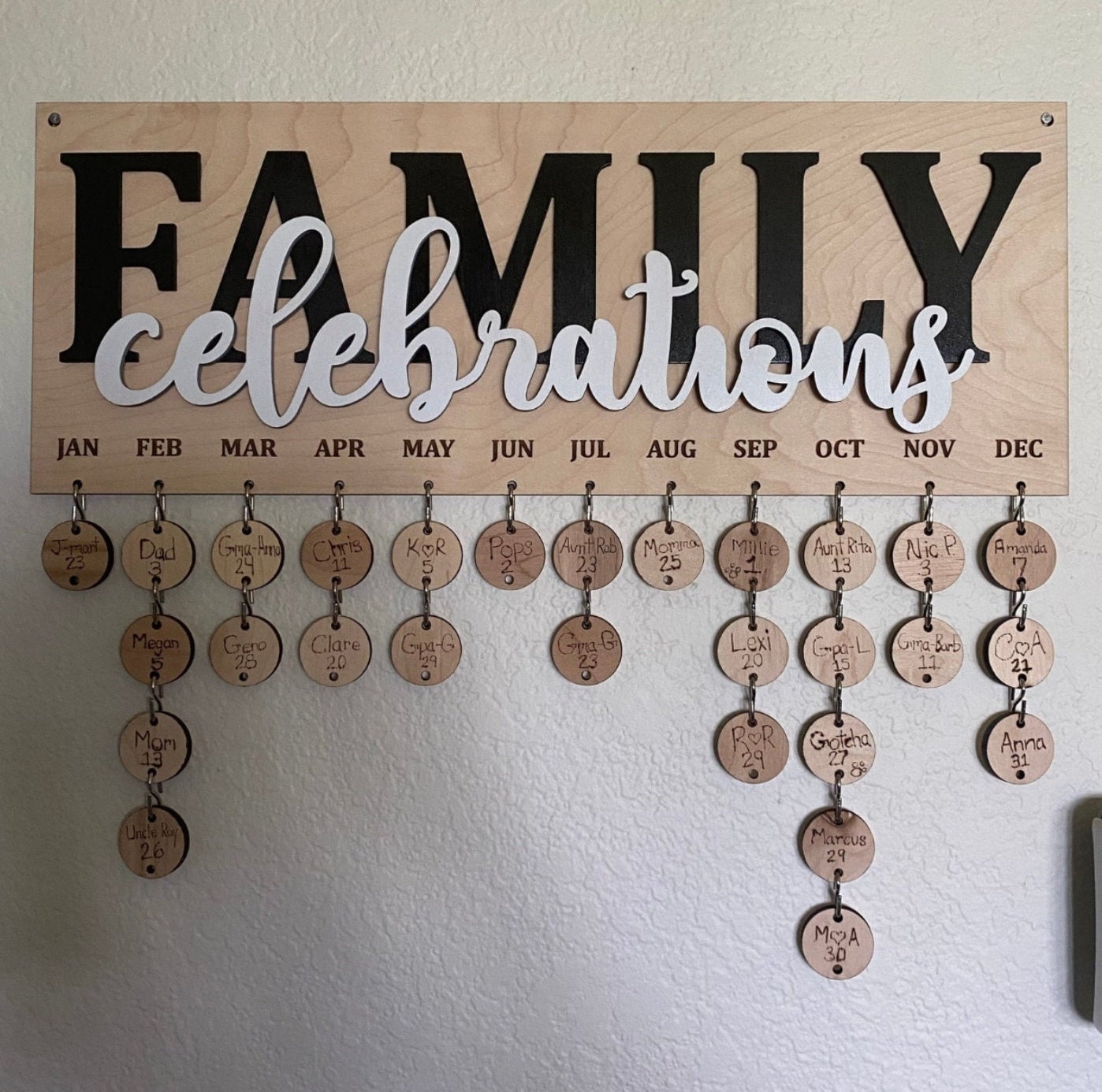 Family Celebrations Board For Birthdays and Anniversaries, Personalized and Engraved Wood Calendar Gift For Mom, Classroom Sign for Teacher