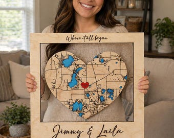 Custom Wooden Map with 1 Map, Where We Met, Wedding Gift, Anniversary Gift