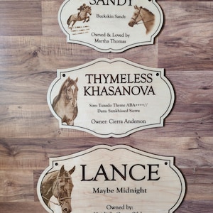 Puede incluir: Tres placas de nombre de caballo de madera con texto e ilustraciones grabadas. La placa superior dice "SANDY" con "Buckskin Sandy" debajo y "Owned & Loved by Martha Thomas" en la parte inferior. La placa del medio dice "THYMELESS KHASANOVA". La placa inferior dice "LANCE".