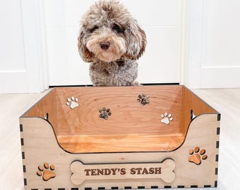 Personalised Dog Box Pet Storage Wooden Organizer Toy Custom Maple Container Puppy Holder Laser Cut Bone Handle