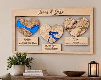 Custom Wooden Map with 3 Maps, Where We Met, Wedding Gift, Anniversary Gift