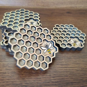 Honeycomb Beehive Wood Drink Coasters with Bee Facts or Custom Message on the Back, Honeybee Engraved Hand Painted Trivet, Bee Lover Gift