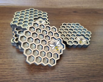 Honeycomb Beehive Wood Drink Coasters with Bee Facts or Custom Message on the Back, Honeybee Engraved Hand Painted Trivet, Bee Lover Gift