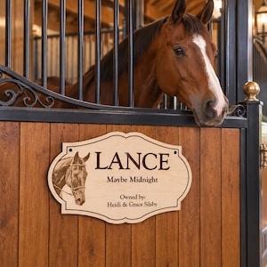 May include: A light-colored wooden plaque mounted on a stable door, featuring the engraved name LANCE, the text Maybe Midnight, and Owned by: Heidi & Grace Silsby, alongside an engraved illustration of a horse head, with a live horse visible above.