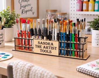 Custom Wooden Paint Brush Holder: Art Supply Desk Organizer