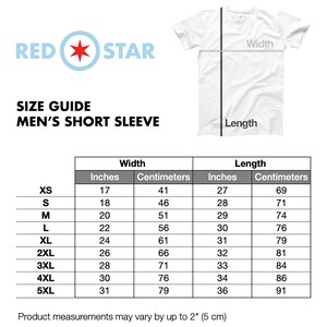 May include: Size chart for men's short sleeve shirts with measurements in inches and centimeters. The chart shows sizes from XS to 5XL with corresponding width and length measurements.