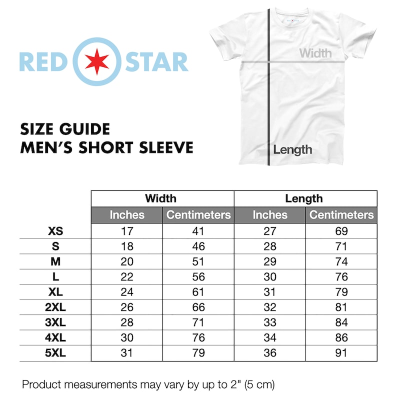 May include: Size chart for men's short sleeve shirts with measurements in inches and centimeters. The chart shows sizes from XS to 5XL with corresponding width and length measurements.