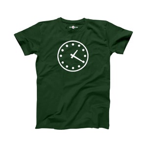 May include: A dark green t-shirt with a white clock face graphic.