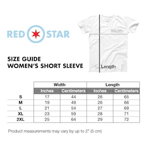 May include: Size guide for women's short sleeve shirts with measurements in inches and centimeters. Sizes include S, M, L, XL, and 2XL. The chart shows the width and length of each size.