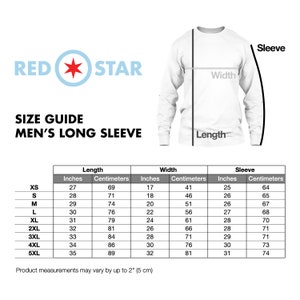 May include: Size guide for men's long sleeve shirts with measurements in inches and centimeters. The chart shows the length, width, and sleeve length for sizes XS to 5XL.