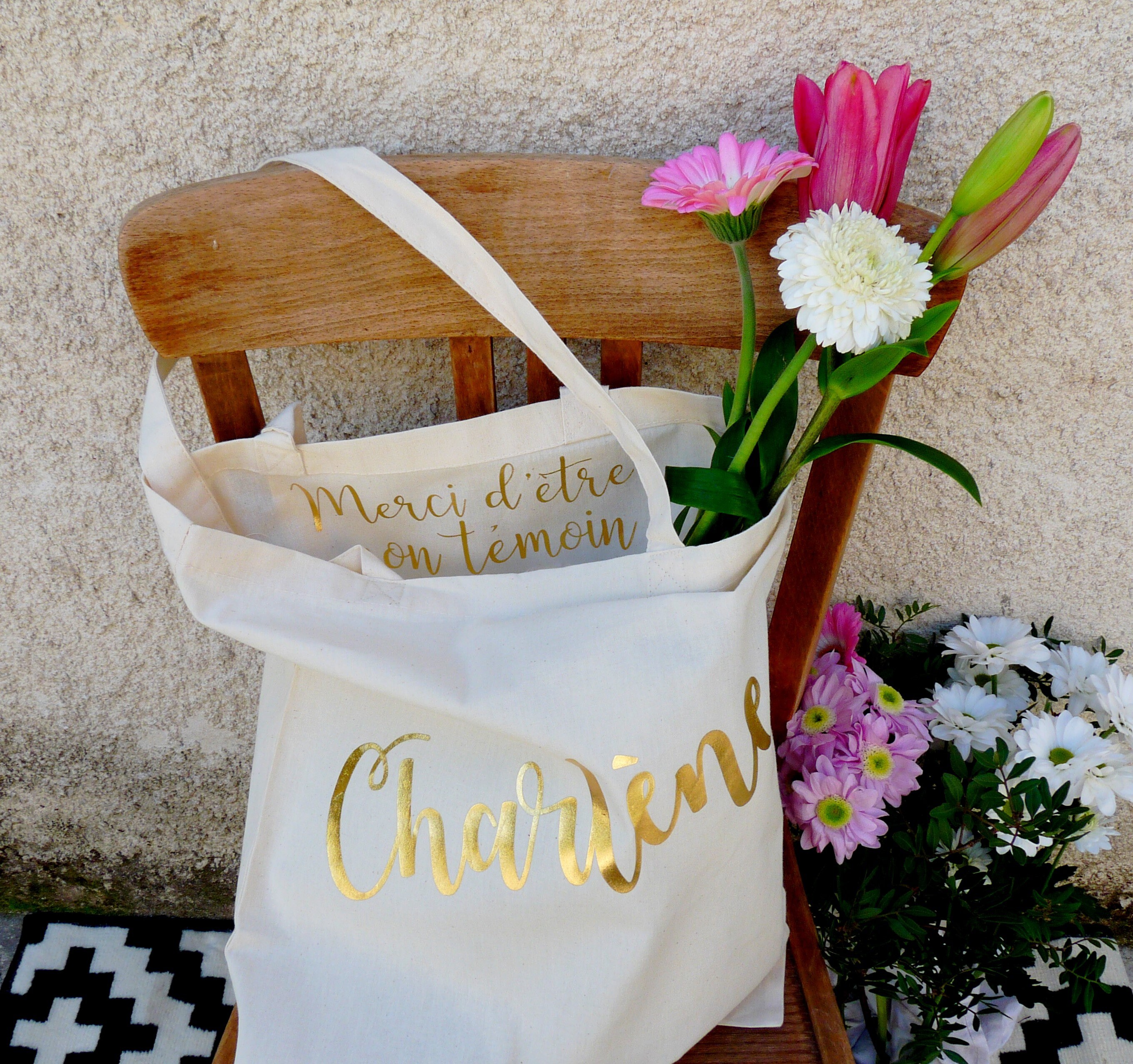 Cotton Tote Bag - Cream & Burgundy - Merci