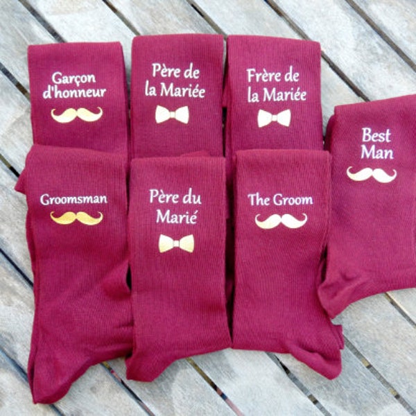 Chaussettes personnalisées bordeaux, cadeau idéal pour témoin, marié et papa de la mariée