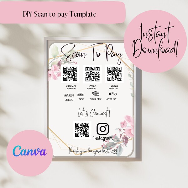 Editable QR Code Sign, Printable Payment Sign, Scan to Pay Template, Scan To Pay Sign, Scan To Zelle, Venmo, CashApp, Instant Download