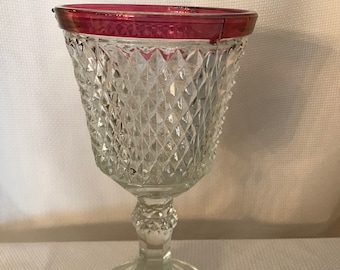 Vintage Indiana Glass Diamond Point Cranberry/Ruby Flash Pedestal Compote/Candy Dish