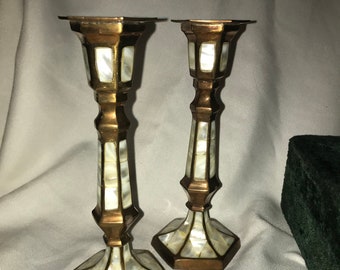 Pair of Vintage Brass and Mother of Pearl Inlay Candlesticks