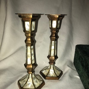Pair of Vintage Brass and Mother of Pearl Inlay Candlesticks