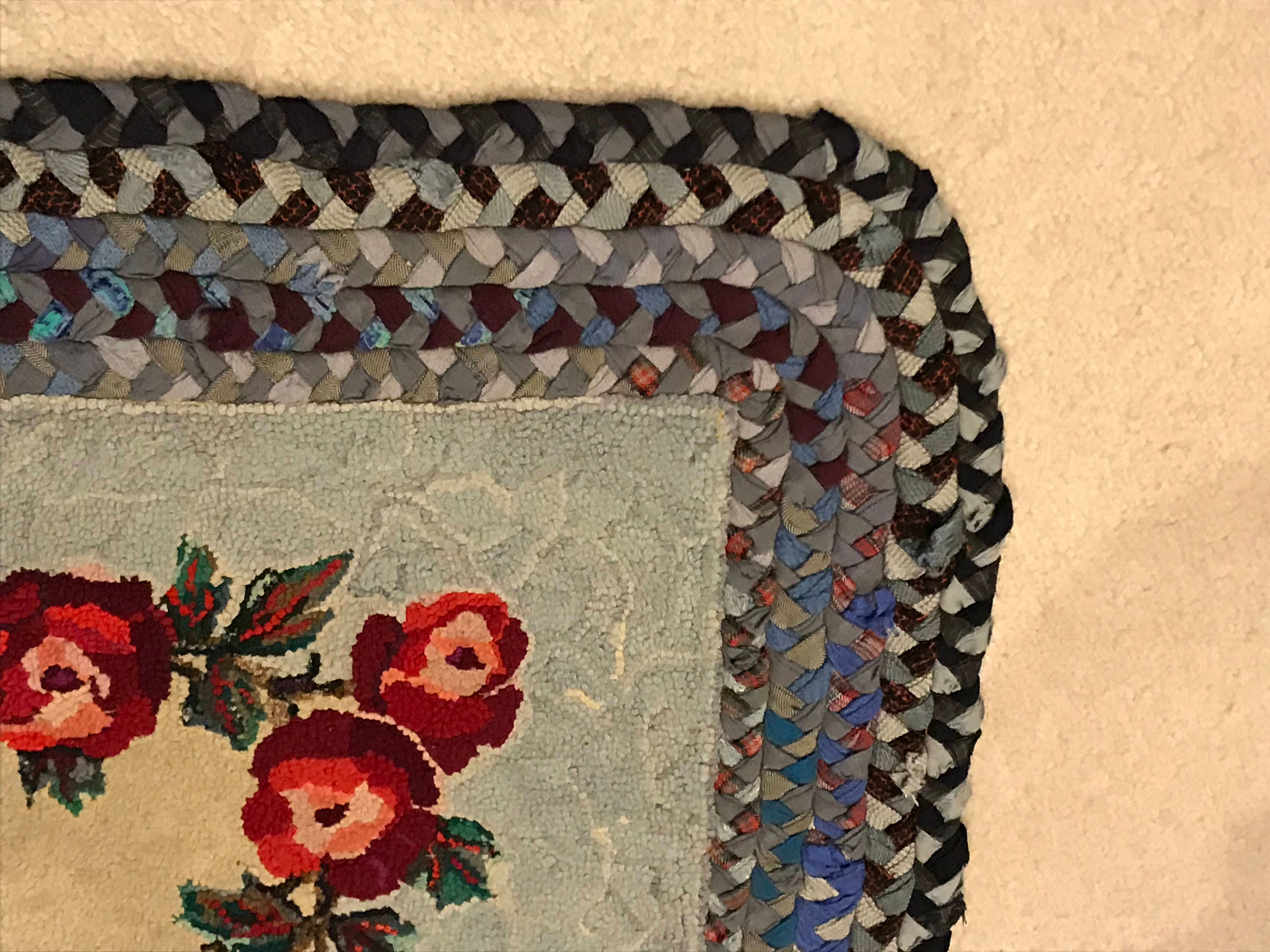 Beautiful Roses on Blue Rug American Folkart Handmade Hook and Braid ...