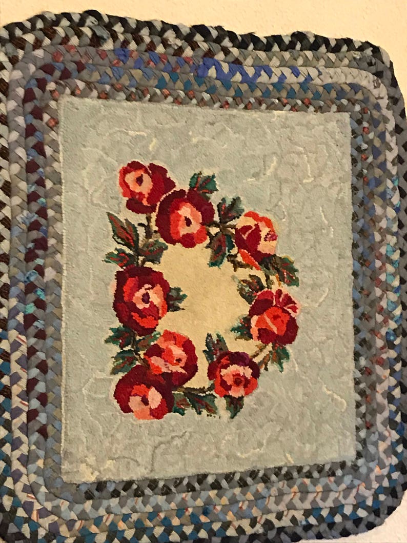 Beautiful Roses on Blue Rug American Folkart Handmade Hook and Braid ...